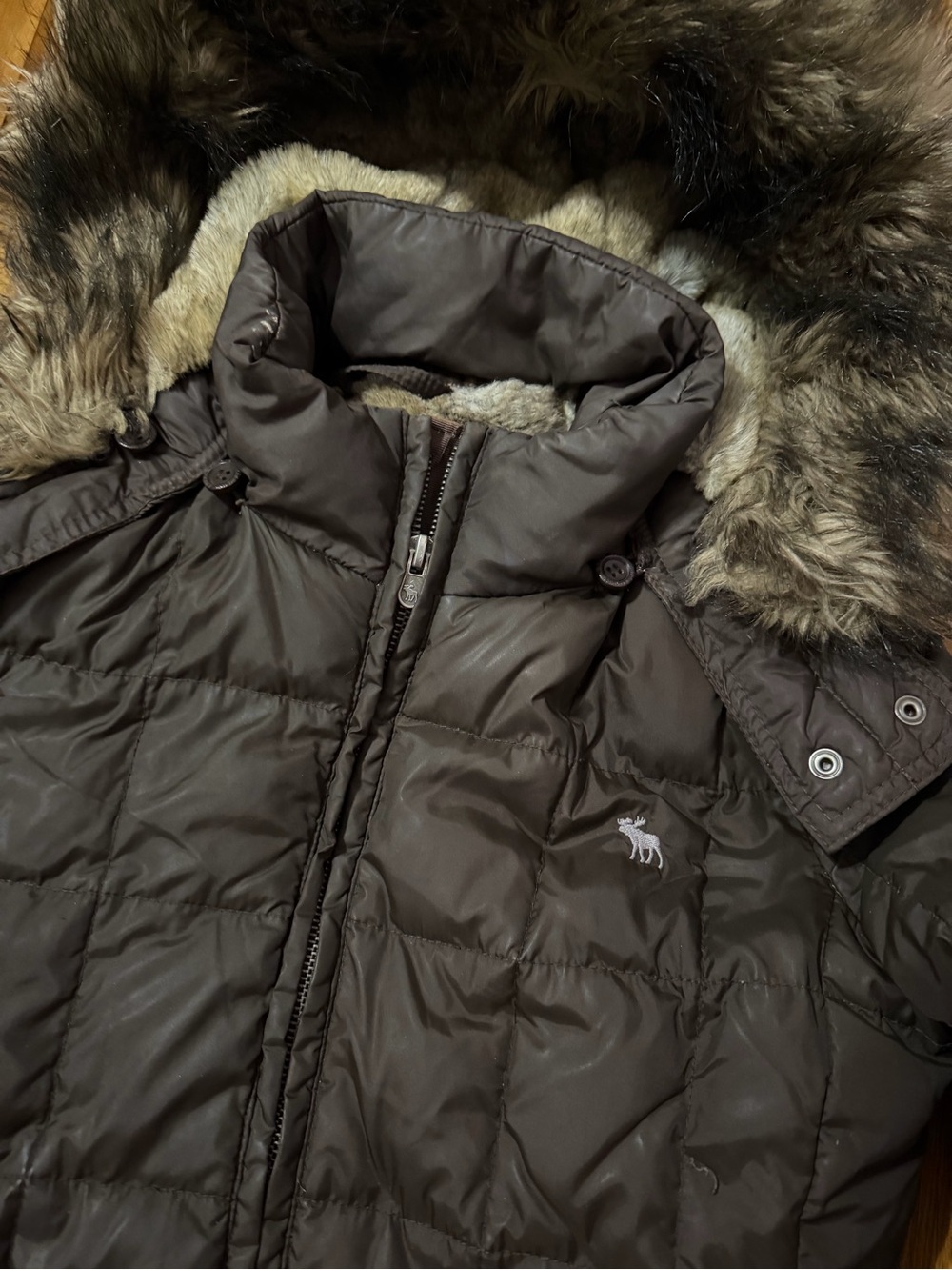Abercrombie & Fitch Vintage Womens Brown Fur Hooded Down Puffer Jacket Y2K - Picture 5 of 15